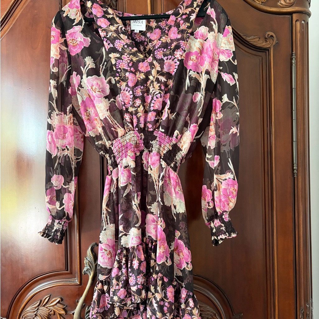 Misa Los Angeles Floral Long Sleeve Dress In Pink And Black
